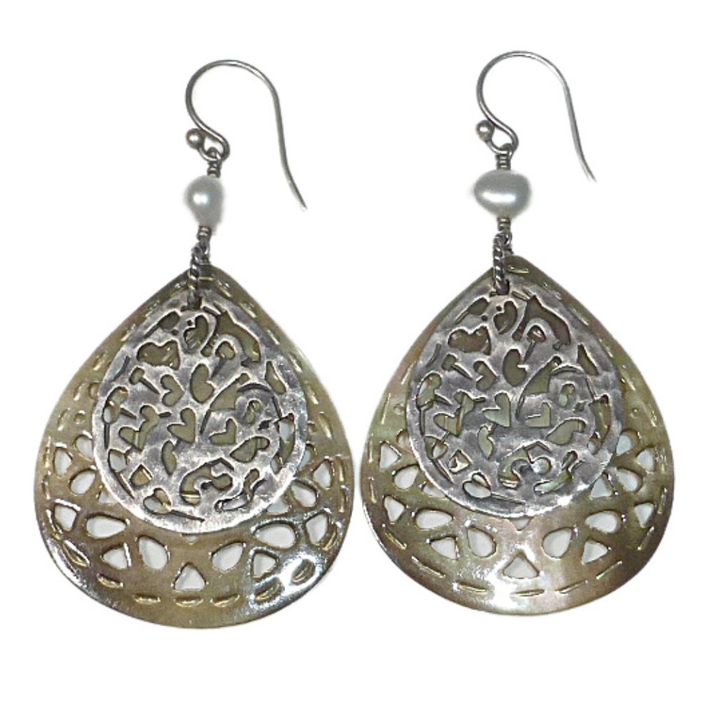 Silpada W1525 Carved MOP Sterling Silver Teardrop Earrings .925